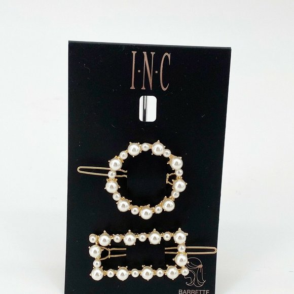 INC White Pearl Hair Barrette Set 2 Gold Clip